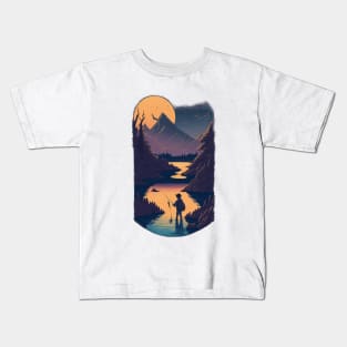 Fishing in a river with a sunset view artwork Kids T-Shirt